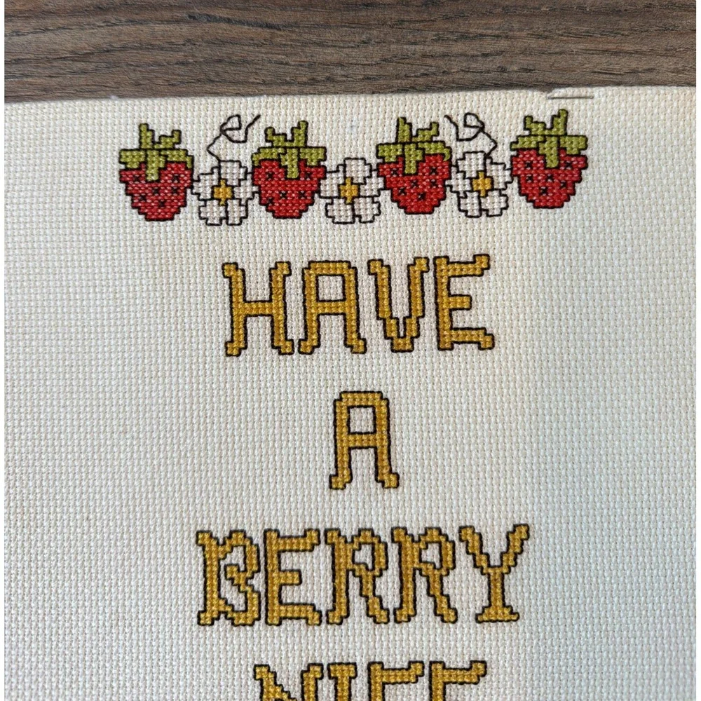 VTG Have a Berry‎ Nice Day Strawberry Floral Cross Stitch Wall Art 10x8